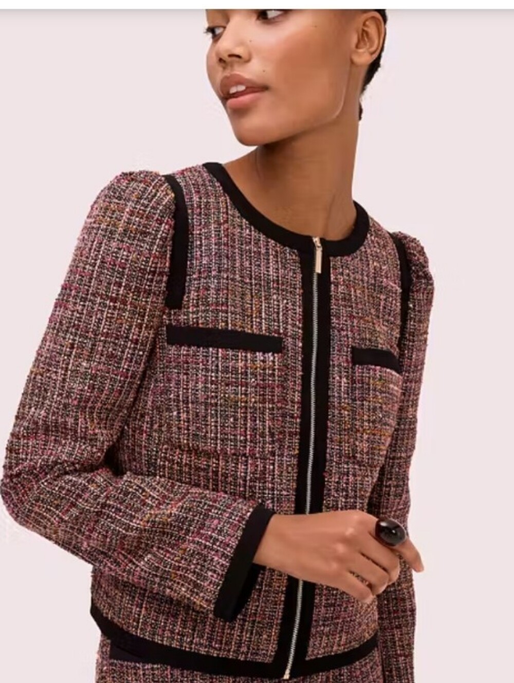 Kate Spade NY Puff Sleeve Tweed Jacket Black Multi Pink Metallic Size 6 $495